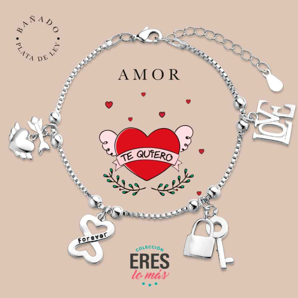[9126259] Pulsera eres lo más amor metal bañado en plata con cuatro colgantes